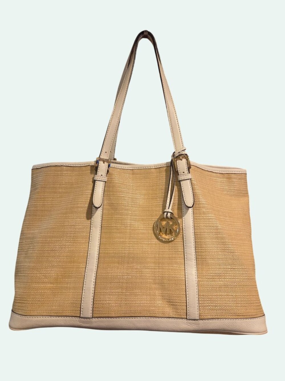 Michael Kors Straw & Leather Tote W/Gold Hardware Jet-Set Glamour Boho City Chic - Picture 3 of 12